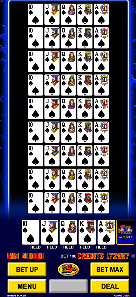 High Roller Video Poker - High Roller Video Poker gameplay showing multiple royal flush hands in a vertical mobile interface