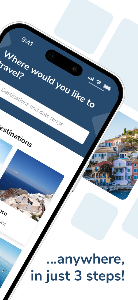 bookdialysis - travel app - Mobile interface of the bookdialysis app featuring a travel destination search and scenic photos.