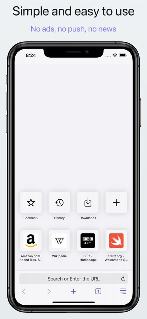 Teak Browser: User Script - Interface minimalista do Teak Browser em um smartphone mostrando ícones de acesso rápido e barra de pesquisa