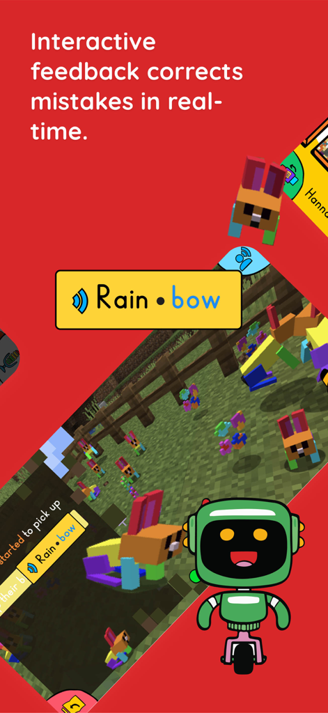 Bookbot app showing real-time phonics correction for the word rainbow in a 3D game environment.