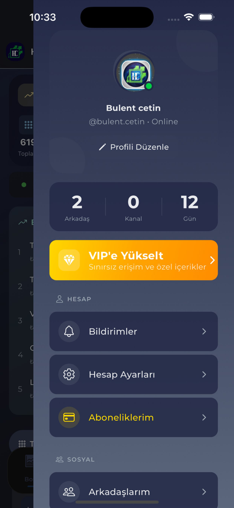 HisseChat - User profile interface of the HisseChat mobile app showing account settings and a VIP upgrade banner.