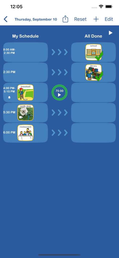 Choiceworks Calendar - Daily visual schedule screen in the Choiceworks Calendar app showing activity icons and a timer