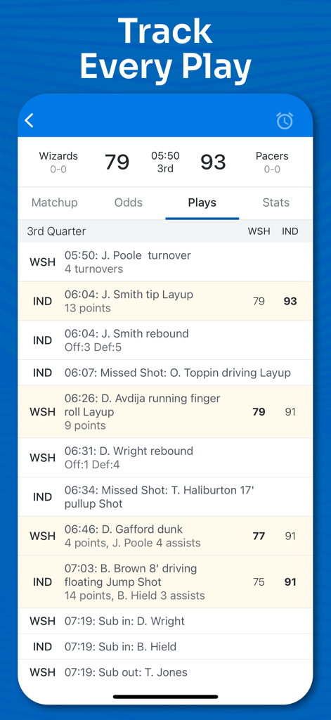 Real-time NBA play-by-play updates and score tracking for Wizards vs Pacers game