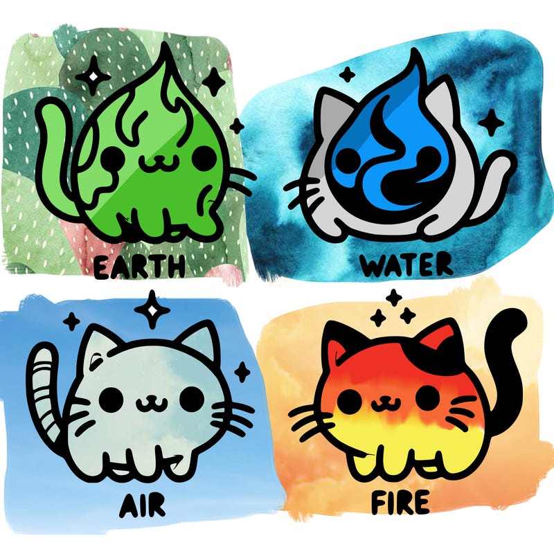4 cats that represent the different elements, earth, water, air, and fire