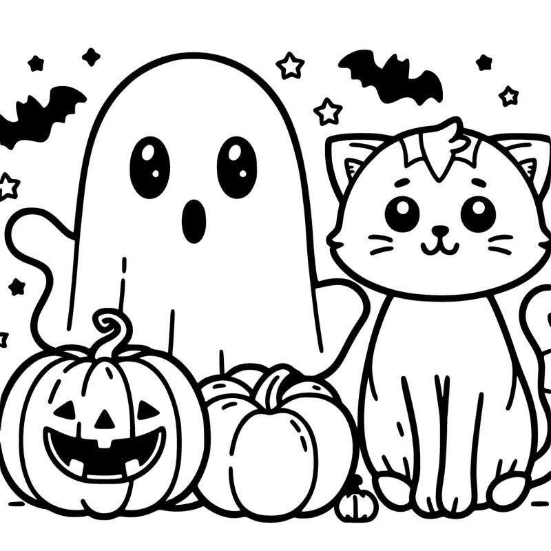 cute ghost, pumpkin and cat halloween style