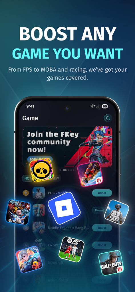 Captura de pantalla de la aplicación FKey que muestra la función de potenciación para múltiples títulos populares de juegos móviles