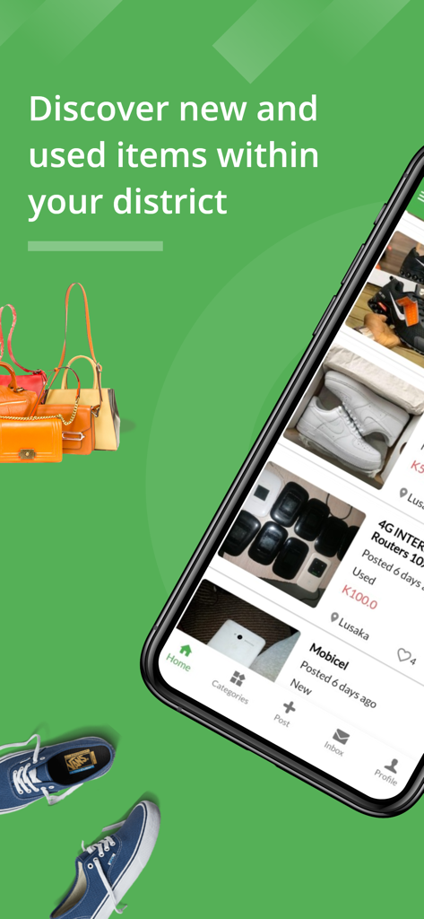 TreeMarket app interface showing local item listings for shoes and electronics on a green background