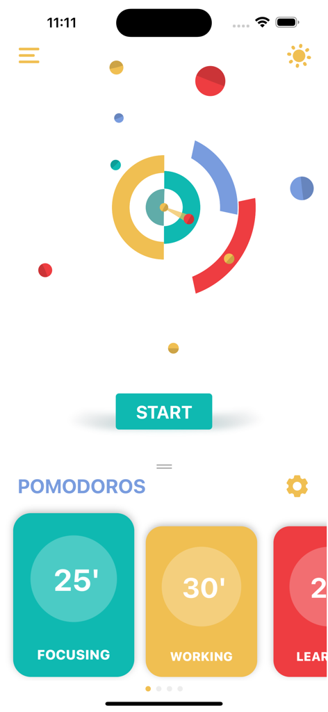 Pomodoro Daily - Pantalla de inicio de la aplicación Pomodoro Daily con un temporizador de enfoque circular minimalista y varias preconfiguraciones de duración de tareas.