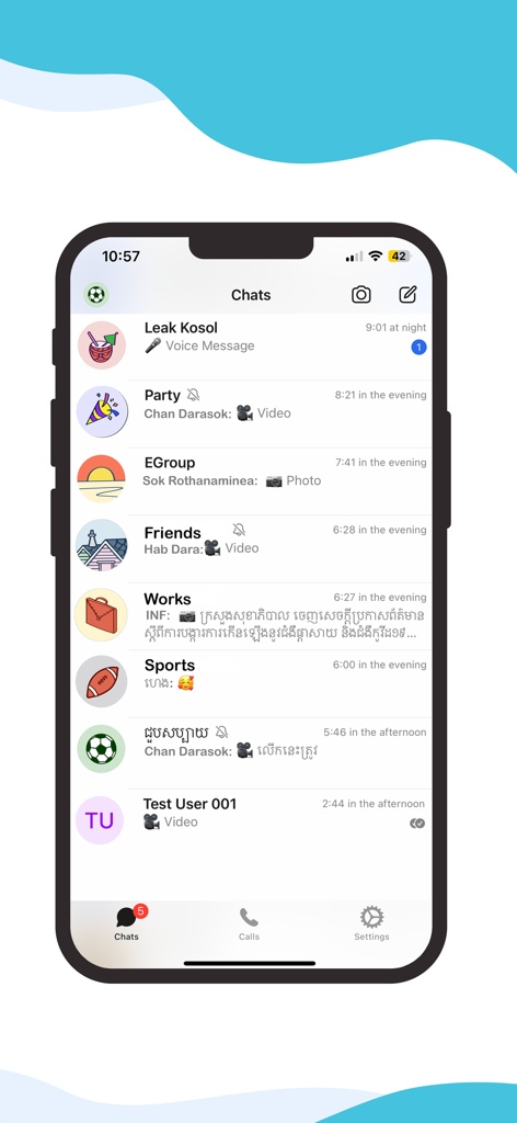 CoolApp Messenger chats screen showing a list of encrypted conversations on an iPhone