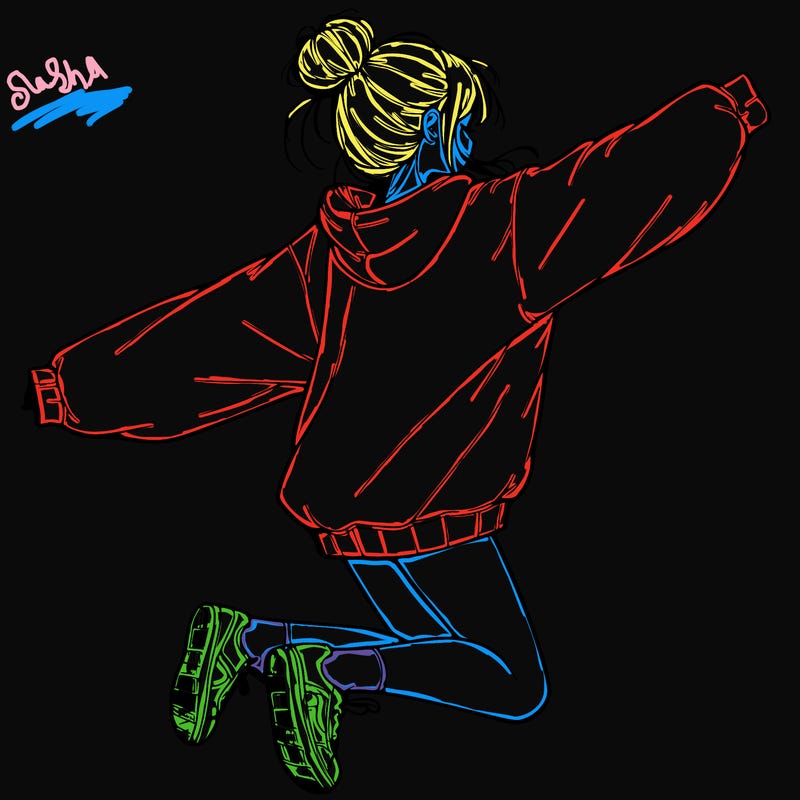 realistic girl jumping with a bun and oversized sweatshirt