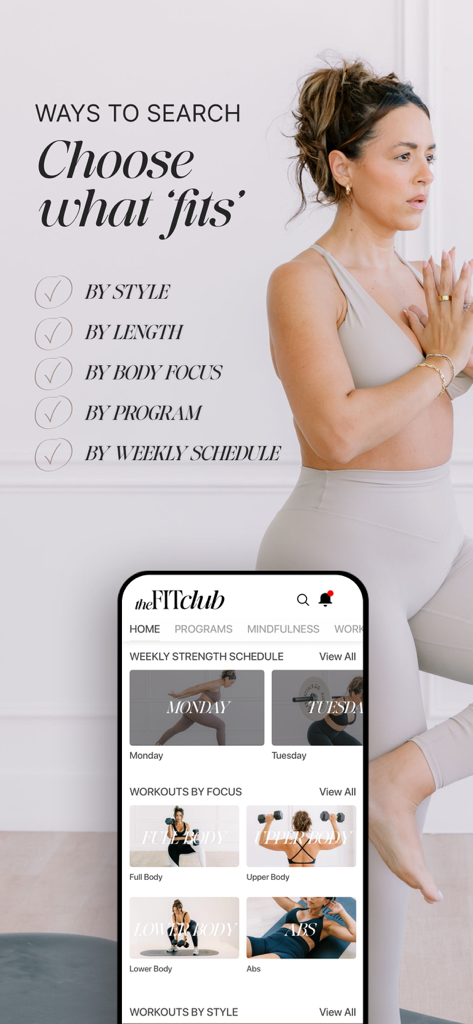 The FITclub by Yami Mufdi - Interfaz de la aplicación FITclub que muestra filtros de búsqueda de entrenamiento por estilo, duración y enfoque corporal.