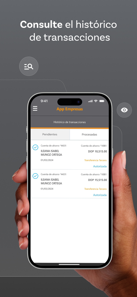 Banreservas Empresas - Smartphone displaying the transaction history screen of the Banreservas Empresas mobile app
