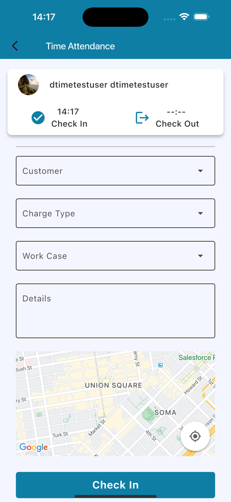 DTime - DTime app interface for time attendance featuring a check in form and a GPS map location