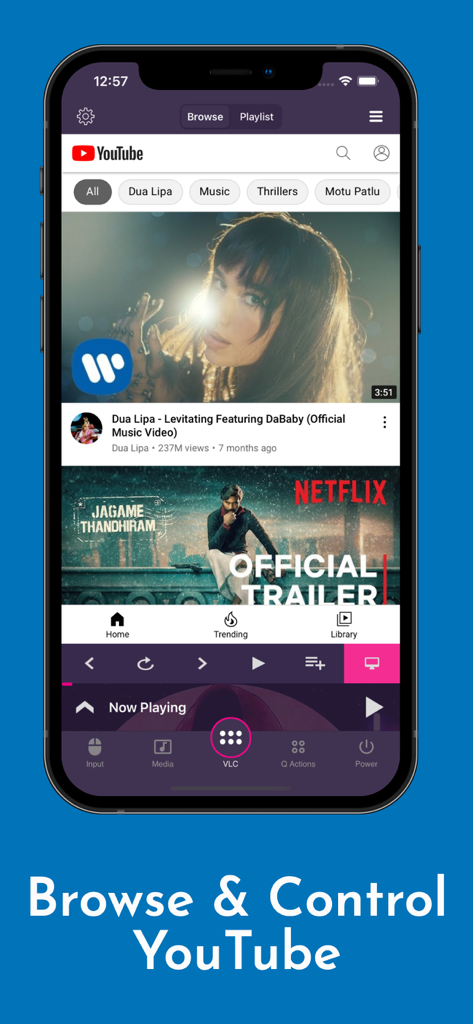 iPhone screenshot showing the Remote for VLC app browsing and controlling YouTube videos with playback buttons