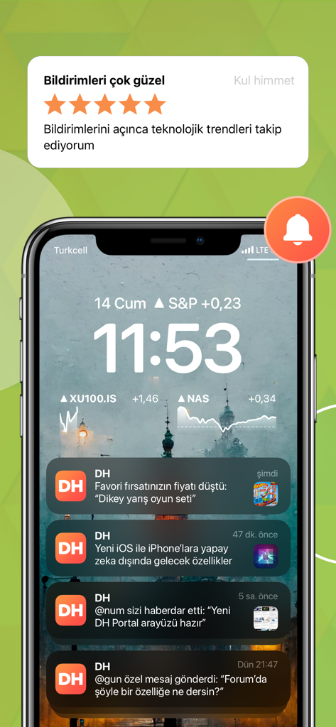iPhone lock screen with DonanimHaber app notifications for tech news and forum messages