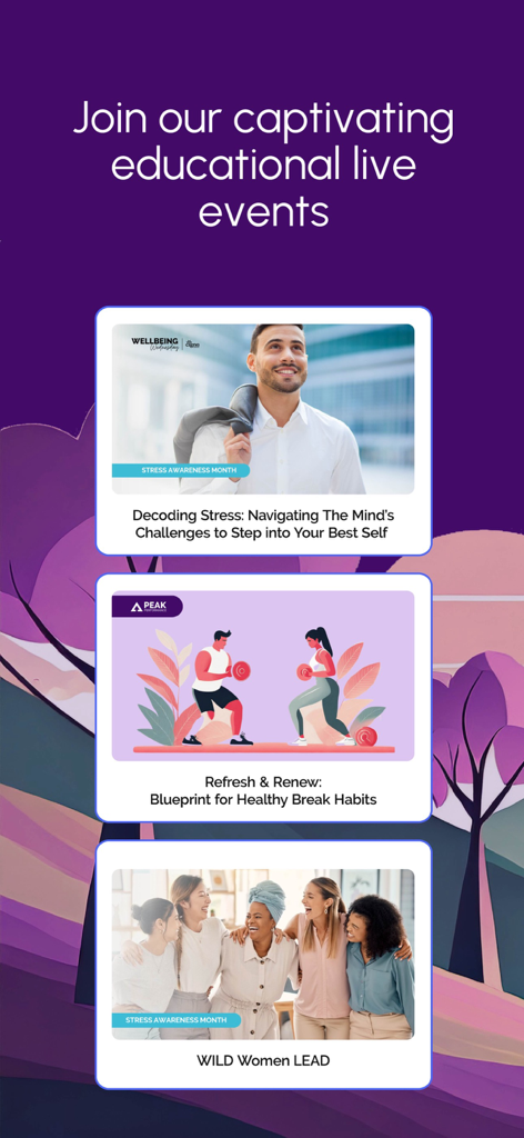 LVL Wellbeing - LVL Wellbeing app interface featuring live educational events for stress management and leadership