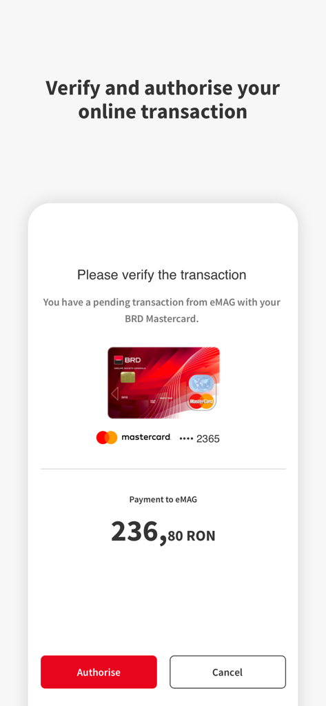 YOU BRD - YOU BRD mobile app screen for verifying and authorising an online transaction with a Mastercard