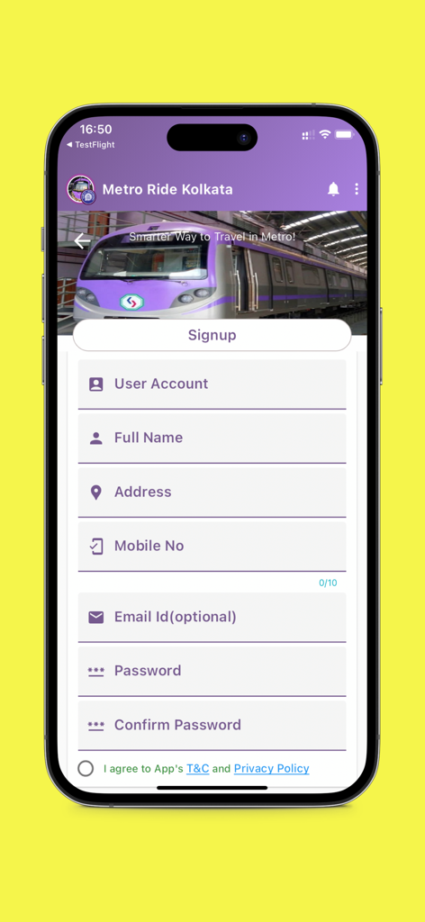Écran d'inscription pour l'application Aamar Kolkata Metro avec des champs d'enregistrement pour le nom, l'adresse et le numéro de mobile.