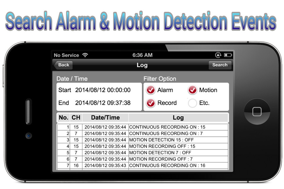 iDVR-PRO Viewer: Live CCTV Camera View and Playback - Mobile app interface for searching security camera alarm and motion detection events log