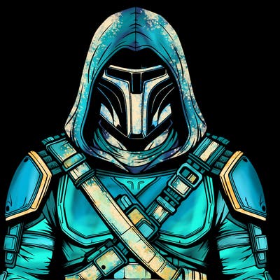 realistic warrior bounty hunter with mask and hood on