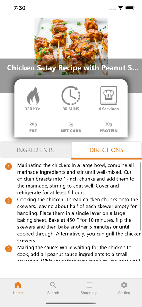 Keto Recipes: Low Carb Diet - Receta de Pollo Satay Keto con pasos de preparación e información nutricional de macros.