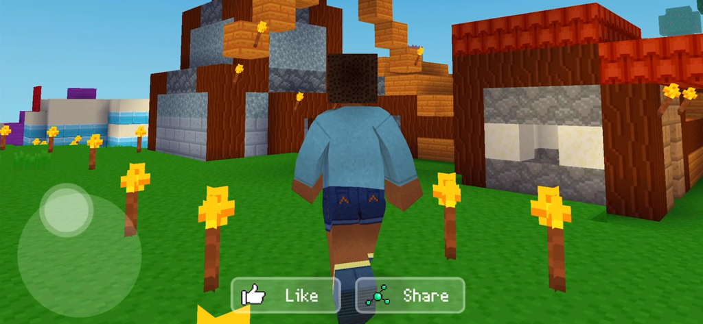 A character walking through a custom built block village with wooden houses and torches in a voxel world