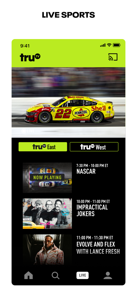 truTV - Une capture d'écran de l'application mobile truTV montrant une course NASCAR en direct et un calendrier des prochains spectacles, y compris Impractical Jokers
