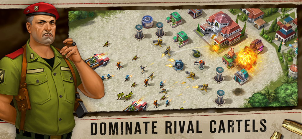 A military commander overlooking a strategic base attack with soldiers and explosions in Narcos Cartel Wars