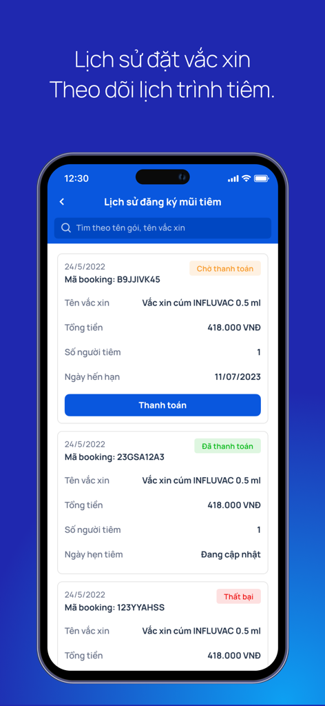 VNVC - Interface of the VNVC app displaying a history of vaccine bookings and their payment statuses.