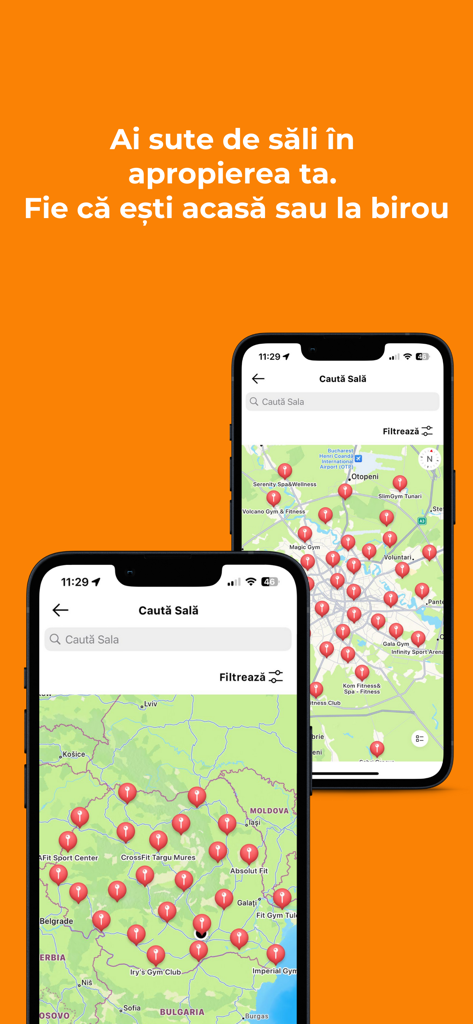 Two smartphones displaying the SanoPass app map showing hundreds of gym locations across Romania