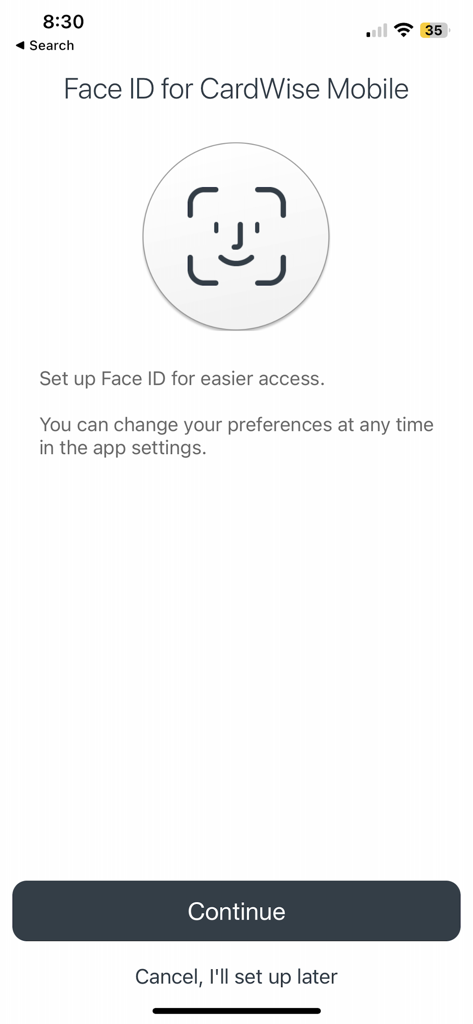 CardWise Mobile - Setup screen for Face ID biometric security in the CardWise Mobile app.