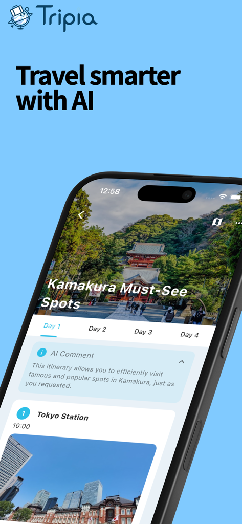 Tripia: AI Trip Planner - The Tripia app interface displaying an AI-generated travel itinerary for Kamakura with a daily schedule and location details