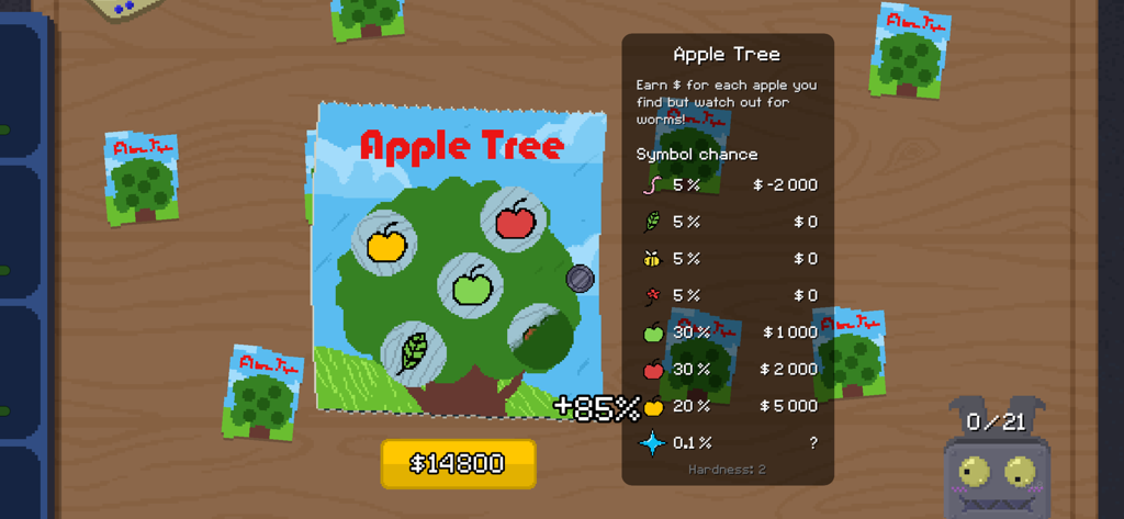 Gameplay screenshot of the Apple Tree scratch card in Scritchy Scratchy showing payout probabilities.