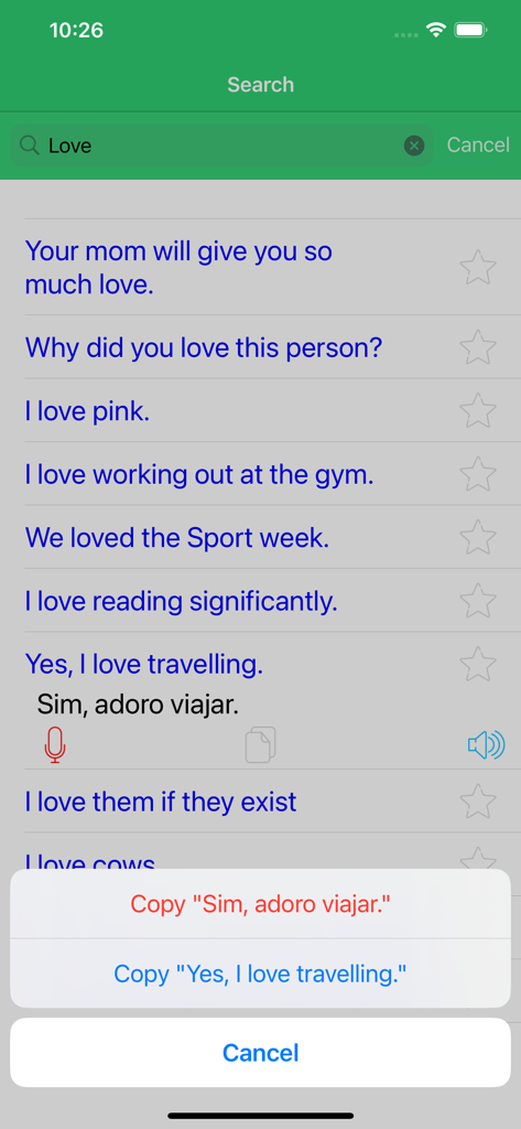 Learn Brazilian Portuguese Pre - Search results for travel phrases in a Brazilian Portuguese learning app with translations and copy options.