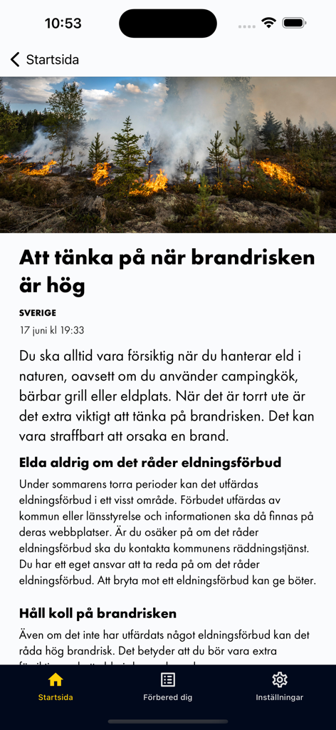 Krisinformation App-Bildschirm mit einer Brandrisikowarnung und Sicherheitshinweisen