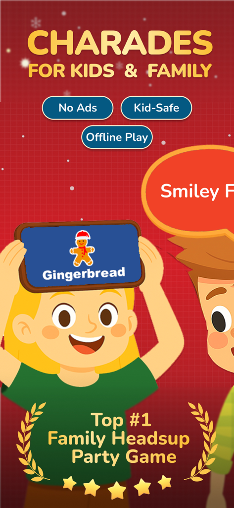 Charades Kids: Act it out - Children playing the Charades Kids family party game with a phone held to the forehead.