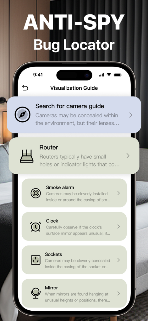 Find Cameras:Privacy Protector - Smartphone screen showing a visualization guide for detecting hidden cameras in common items like smoke alarms, clocks, and mirrors.