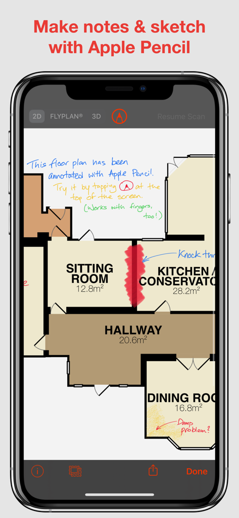 RoomScan Classic - Planta baixa anotada com o Apple Pencil mostrando dimensões de cômodos e notas de renovação