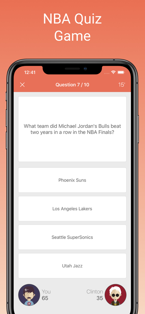 NBA Fan Quiz app gameplay showing a multiple choice question about Michael Jordan and the Bulls in a 1v1 match