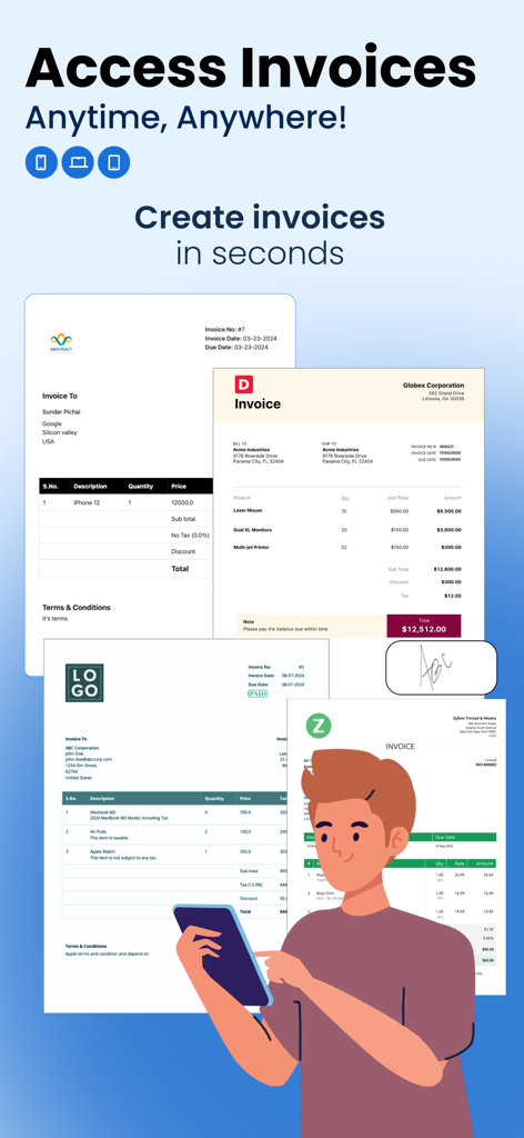 Professioneller Anwender nutzt die Invoice Maker App auf einem Tablet mit mehreren Rechnungsvorlagen.