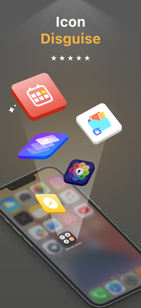 Photo Vault & App Lock - PicX - Un smartphone mostrando la función de disfraz de ícono para ocultar fotos privadas detrás de íconos de apps falsos como una calculadora o calendario