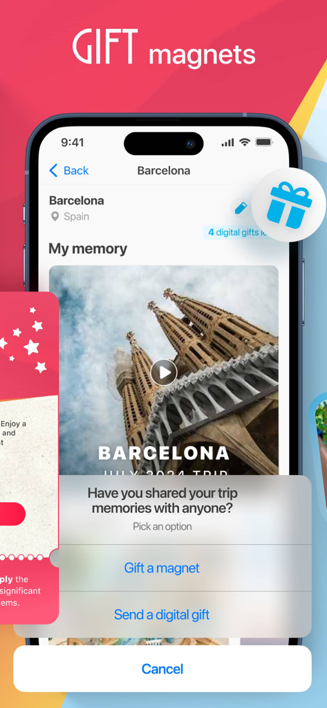 Gulli - Screenshot of the Gulli app showing the gift magnets feature with a trip memory from Barcelona
