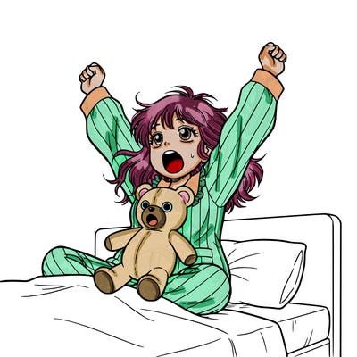 a girl yawning  looking sleepy and wearing pj's and holding a teddy bear