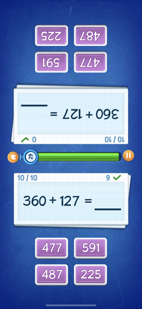 Split screen interface for two players in a math learning game