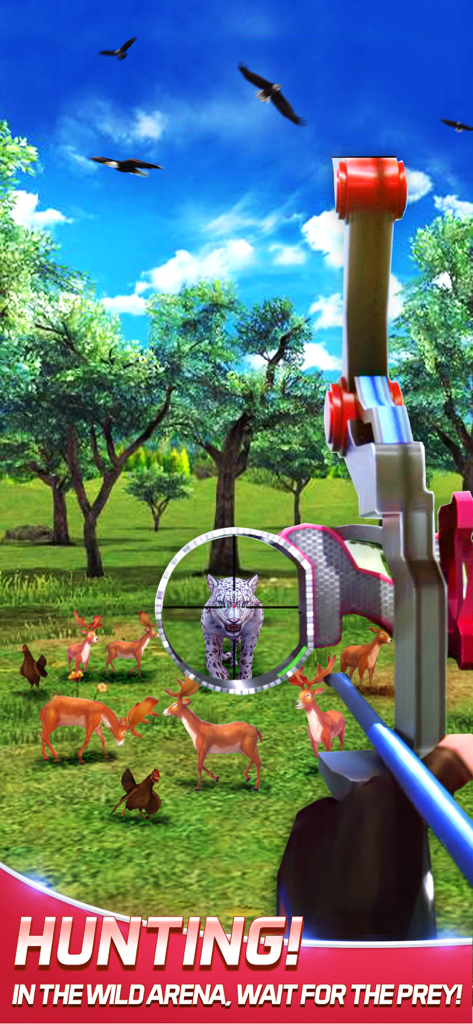 Archery Elite™ - Shooting King - 野生の森の競技場で鹿や鳥がいる中、スコープを通してヒョウを狙うアーチェリーの弓を一人称視点で捉えた画像