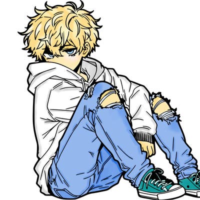 a male hoddie ripped jeans messy hair anime