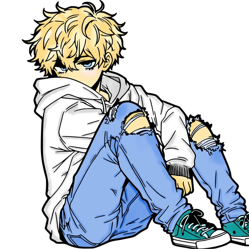 a male hoddie ripped jeans messy hair anime