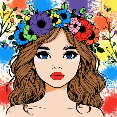 beautiful realistic girl with freckles and a flower crown