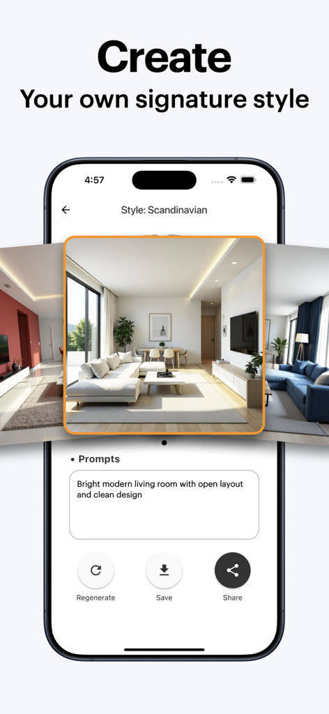 Interface do aplicativo móvel Remodel AI mostrando um design de sala de estar em estilo escandinavo gerado a partir de um prompt de texto