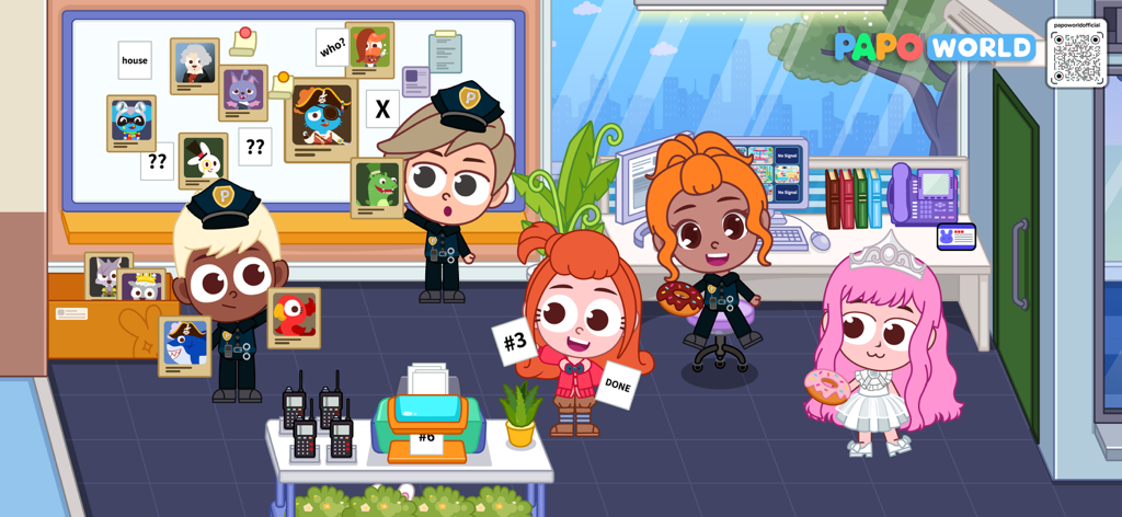 Papo Town: World - Cartoon characters role playing as police and detectives in a station with a bulletin board and evidence.